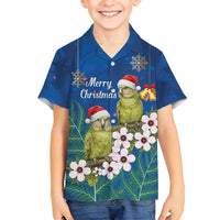 New Zealand Kakapo Christmas Family Matching Off Shoulder Short Dress and Hawaiian Shirt Owl Parrot Santa Sliver Fern Manuka - Blue - Polynesian Pride