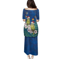 New Zealand Kakapo Christmas Family Matching Puletasi and Hawaiian Shirt Owl Parrot Santa Sliver Fern Manuka - Blue - Polynesian Pride