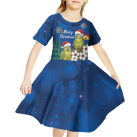 New Zealand Kakapo Christmas Kid Short Sleeve Dress Owl Parrot Santa Sliver Fern Manuka - Blue - Polynesian Pride
