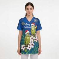 New Zealand Kakapo Christmas Scrub Top Owl Parrot Santa Sliver Fern Manuka - Blue - Polynesian Pride