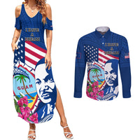 Guam Martin Luther King Jr Day Couples Matching Summer Maxi Dress and Long Sleeve Button Shirt I Have A Dream Guahan Seal With Bougainvillea LT14 Blue - Polynesian Pride