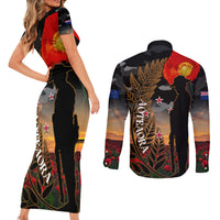 New Zealand ANZAC Day Couples Matching Short Sleeve Bodycon Dress and Long Sleeve Button Shirt Lest We Forget Silver Fern With Camouflage LT14 - Polynesian Pride