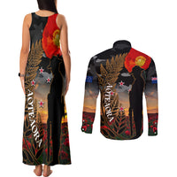 New Zealand ANZAC Day Couples Matching Tank Maxi Dress and Long Sleeve Button Shirt Lest We Forget Silver Fern With Camouflage LT14 - Polynesian Pride