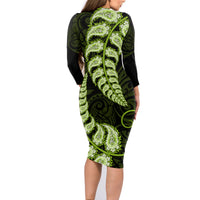 Green New Zealand Paisley Silver Fern Family Matching Long Sleeve Bodycon Dress and Hawaiian Shirt Aotearoa Maori LT14 - Polynesian Pride