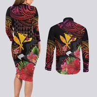 Hawaii Iwa Bird Couples Matching Long Sleeve Bodycon Dress and Long Sleeve Button Shirt Great Frigatebird Kanaka Tropical Hippie Style - Polynesian Pride