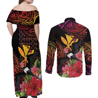Hawaii Iwa Bird Couples Matching Off Shoulder Maxi Dress and Long Sleeve Button Shirt Great Frigatebird Kanaka Tropical Hippie Style - Polynesian Pride