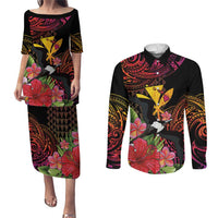 Hawaii Iwa Bird Couples Matching Puletasi and Long Sleeve Button Shirt Great Frigatebird Kanaka Tropical Hippie Style - Polynesian Pride