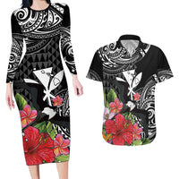 Hawaii Iwa Bird Couples Matching Long Sleeve Bodycon Dress and Hawaiian Shirt Great Frigatebird Kanaka Tropical Flowers - Polynesian Pride