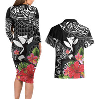 Hawaii Iwa Bird Couples Matching Long Sleeve Bodycon Dress and Hawaiian Shirt Great Frigatebird Kanaka Tropical Flowers - Polynesian Pride