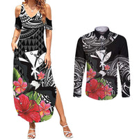 Hawaii Iwa Bird Couples Matching Summer Maxi Dress and Long Sleeve Button Shirt Great Frigatebird Kanaka Tropical Flowers - Polynesian Pride