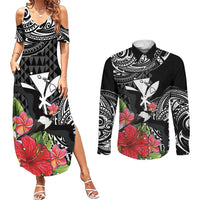 Hawaii Iwa Bird Couples Matching Summer Maxi Dress and Long Sleeve Button Shirt Great Frigatebird Kanaka Tropical Flowers - Polynesian Pride