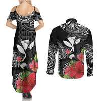 Hawaii Iwa Bird Couples Matching Summer Maxi Dress and Long Sleeve Button Shirt Great Frigatebird Kanaka Tropical Flowers - Polynesian Pride