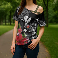 Hawaii Iwa Bird Cross Shoulder Shirt Great Frigatebird Kanaka Tropical Flowers - Polynesian Pride