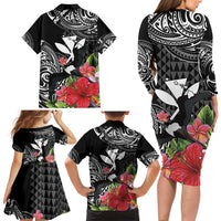 Hawaii Iwa Bird Family Matching Long Sleeve Bodycon Dress and Hawaiian Shirt Great Frigatebird Kanaka Tropical Flowers - Polynesian Pride