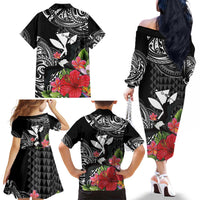 Hawaii Iwa Bird Family Matching Off The Shoulder Long Sleeve Dress and Hawaiian Shirt Great Frigatebird Kanaka Tropical Flowers - Polynesian Pride