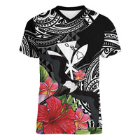 Hawaii Iwa Bird Women V-Neck T-Shirt Great Frigatebird Kanaka Tropical Flowers - Polynesian Pride