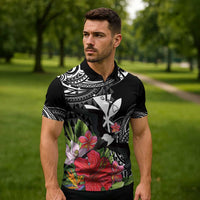 Hawaii Iwa Bird Zipper Polo Shirt Great Frigatebird Kanaka Tropical Flowers - Polynesian Pride