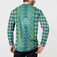 Teal Palaka Hawaii Iwa Bird Button Sweatshirt Hawaiian Kakau Jade Vine Lei - Polynesian Pride