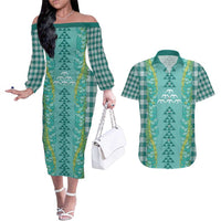 Teal Palaka Hawaii Iwa Bird Couples Matching Off The Shoulder Long Sleeve Dress and Hawaiian Shirt Hawaiian Kakau Jade Vine Lei - Polynesian Pride