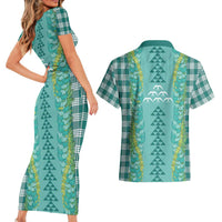 Teal Palaka Hawaii Iwa Bird Couples Matching Short Sleeve Bodycon Dress and Hawaiian Shirt Hawaiian Kakau Jade Vine Lei - Polynesian Pride
