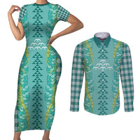 Teal Palaka Hawaii Iwa Bird Couples Matching Short Sleeve Bodycon Dress and Long Sleeve Button Shirt Hawaiian Kakau Jade Vine Lei - Polynesian Pride