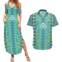 Teal Palaka Hawaii Iwa Bird Couples Matching Summer Maxi Dress and Hawaiian Shirt Hawaiian Kakau Jade Vine Lei - Polynesian Pride