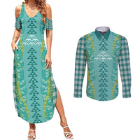 Teal Palaka Hawaii Iwa Bird Couples Matching Summer Maxi Dress and Long Sleeve Button Shirt Hawaiian Kakau Jade Vine Lei - Polynesian Pride