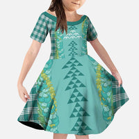 Teal Palaka Hawaii Iwa Bird Family Matching Off The Shoulder Long Sleeve Dress and Hawaiian Shirt Hawaiian Kakau Jade Vine Lei LT14 Daughter's Dress Teal - Polynesian Pride