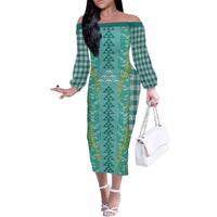 Teal Palaka Hawaii Iwa Bird Family Matching Off The Shoulder Long Sleeve Dress and Hawaiian Shirt Hawaiian Kakau Jade Vine Lei - Polynesian Pride