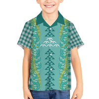 Teal Palaka Hawaii Iwa Bird Family Matching Summer Maxi Dress and Hawaiian Shirt Hawaiian Kakau Jade Vine Lei - Polynesian Pride