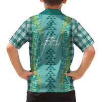Teal Palaka Hawaii Iwa Bird Family Matching Tank Maxi Dress and Hawaiian Shirt Hawaiian Kakau Jade Vine Lei LT14 - Polynesian Pride
