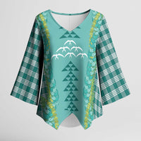 Teal Palaka Hawaii Iwa Bird Kimono Sleeve Blouse Hawaiian Kakau Jade Vine Lei - Polynesian Pride