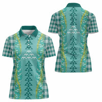 Teal Palaka Hawaii Iwa Bird Women Polo Shirt Hawaiian Kakau Jade Vine Lei - Polynesian Pride
