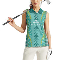 Teal Palaka Hawaii Iwa Bird Women Sleeveless Polo Shirt Hawaiian Kakau Jade Vine Lei - Polynesian Pride