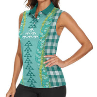 Teal Palaka Hawaii Iwa Bird Women Sleeveless Polo Shirt Hawaiian Kakau Jade Vine Lei - Polynesian Pride