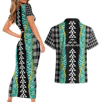 Black Palaka Hawaii Iwa Bird Couples Matching Short Sleeve Bodycon Dress and Hawaiian Shirt Hawaiian Kakau Jade Vine Lei - Polynesian Pride