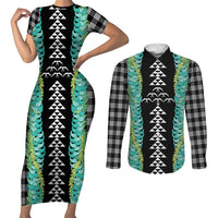 Black Palaka Hawaii Iwa Bird Couples Matching Short Sleeve Bodycon Dress and Long Sleeve Button Shirt Hawaiian Kakau Jade Vine Lei - Polynesian Pride