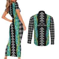 Black Palaka Hawaii Iwa Bird Couples Matching Short Sleeve Bodycon Dress and Long Sleeve Button Shirt Hawaiian Kakau Jade Vine Lei - Polynesian Pride