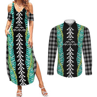 Black Palaka Hawaii Iwa Bird Couples Matching Summer Maxi Dress and Long Sleeve Button Shirt Hawaiian Kakau Jade Vine Lei - Polynesian Pride