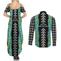 Black Palaka Hawaii Iwa Bird Couples Matching Summer Maxi Dress and Long Sleeve Button Shirt Hawaiian Kakau Jade Vine Lei - Polynesian Pride