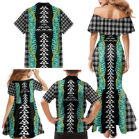 Black Palaka Hawaii Iwa Bird Family Matching Mermaid Dress and Hawaiian Shirt Hawaiian Kakau Jade Vine Lei - Polynesian Pride