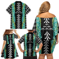 Black Palaka Hawaii Iwa Bird Family Matching Off Shoulder Short Dress and Hawaiian Shirt Hawaiian Kakau Jade Vine Lei - Polynesian Pride