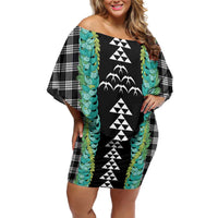 Black Palaka Hawaii Iwa Bird Family Matching Off Shoulder Short Dress and Hawaiian Shirt Hawaiian Kakau Jade Vine Lei - Polynesian Pride