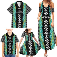 Black Palaka Hawaii Iwa Bird Family Matching Summer Maxi Dress and Hawaiian Shirt Hawaiian Kakau Jade Vine Lei - Polynesian Pride