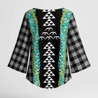 Black Palaka Hawaii Iwa Bird Kimono Sleeve Blouse Hawaiian Kakau Jade Vine Lei - Polynesian Pride