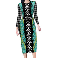 Black Palaka Hawaii Iwa Bird Long Sleeve Bodycon Dress Hawaiian Kakau Jade Vine Lei - Polynesian Pride