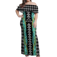 Black Palaka Hawaii Iwa Bird Off Shoulder Maxi Dress Hawaiian Kakau Jade Vine Lei - Polynesian Pride