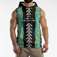Black Palaka Hawaii Iwa Bird Sleeveless Hoodie Hawaiian Kakau Jade Vine Lei - Polynesian Pride