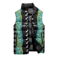 Black Palaka Hawaii Iwa Bird Sleeveless Puffer Jacket Hawaiian Kakau Jade Vine Lei - Polynesian Pride