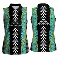 Black Palaka Hawaii Iwa Bird Women Sleeveless Polo Shirt Hawaiian Kakau Jade Vine Lei - Polynesian Pride